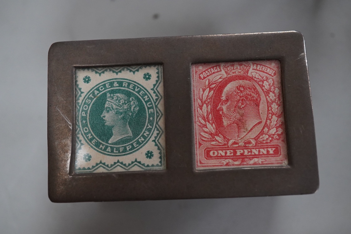 A George V silver mounted oval trinket box, Clark & Sewell, Chester, 1924, 65mm, together with a small silver circular pill box and cover, a 925 double stamp box, and a late Victorian continental silver miniature model o